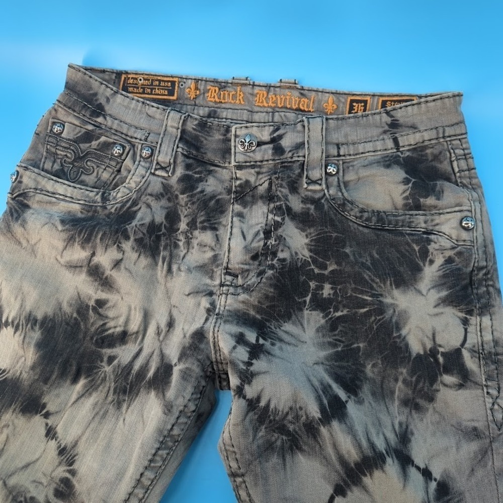 Rock Revival Steven Straight Jeans Mens 36x34 Gray Black Tie Dye Y2K Biker Thick